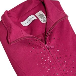 Alfred Dunner Zip Up Jacket Pink Rhinestone Knit Cotton Blend Lined Size 14